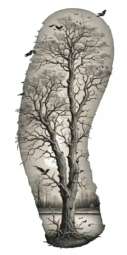 Dead Trees With Birds Flying Away