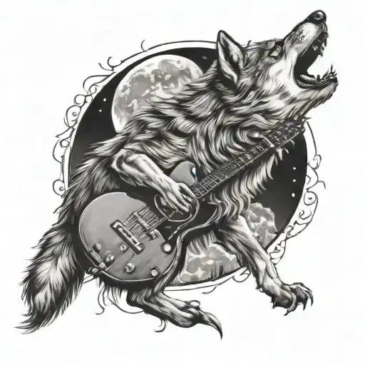A Wolf Howling At A Full Moon With A Guitar In Its Paws