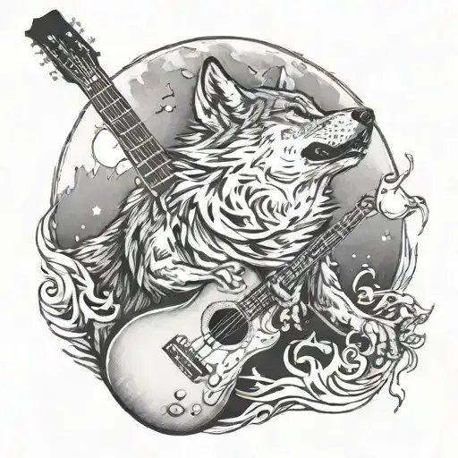 A Wolf Howling At A Full Moon With A Guitar In Its Paws