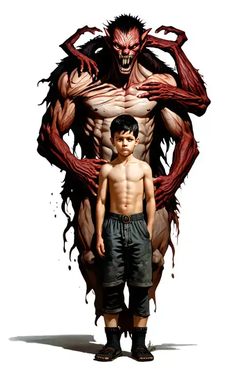 A Boy Standing With A Scary Demon Towering Behind And Wrapped Around Him