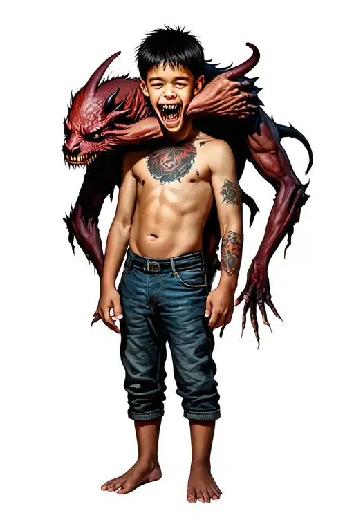 A Boy Standing With A Scary Demon Wrapped Around Him