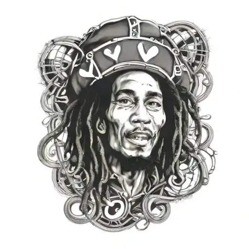 Bob Marley's Face With 3D Eyes Surrounded By A Heart Made Of Musical Notes