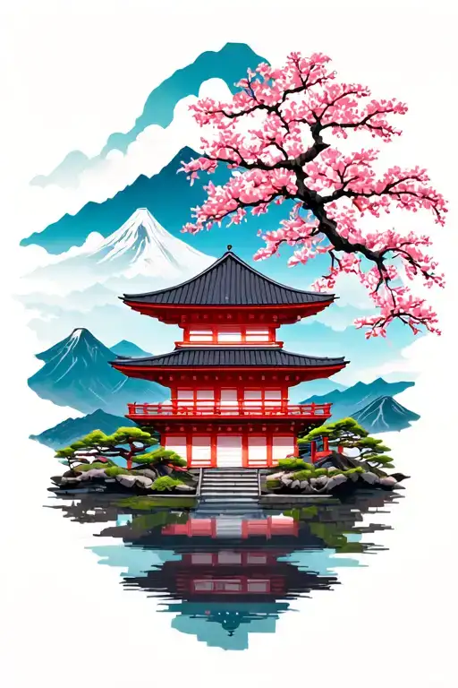 Japanese Temple With Cherry Blossom Tree On The Right And Mountains On The Left