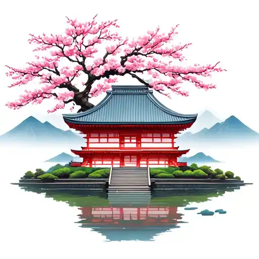 Japanese Temple With Cherry Blossom Tree On The Left On The Right Mountains