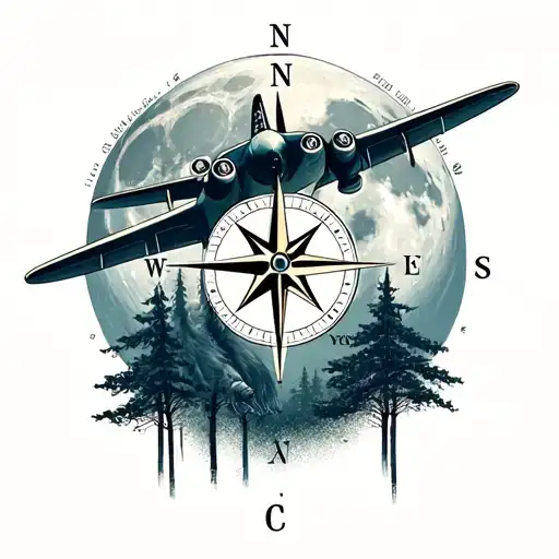 Airplane Roman Numbers In The Compass Full Moon And A Forest With A Lion
