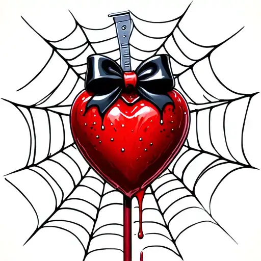 Heart Shaped Sucker With Razor Blade Inside Blood Dripping Little Black Bow On Stick With Spider Web