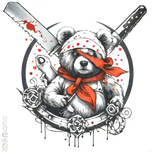 Trash Polka Style Tattoo Featuring Teddy Bear And Chef Knife