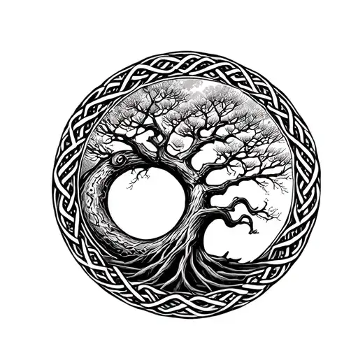 Enso Circle With Celtic Weave And Bansai Tree