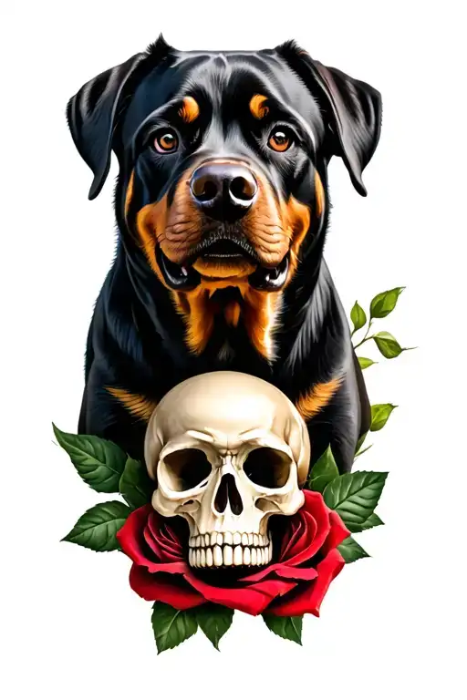 Rottweiler With Skulls And Rose Growing
