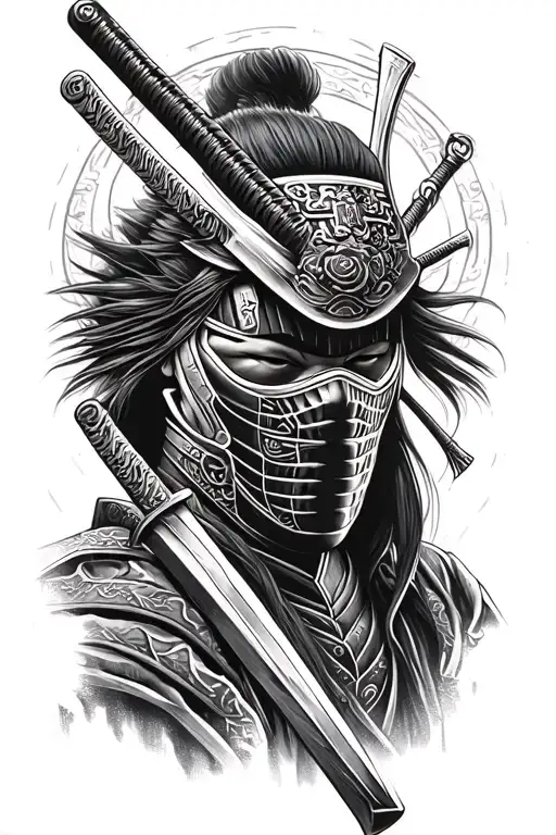 Samurai With Katana In Mask Black And White Tattoo Sketch Simple