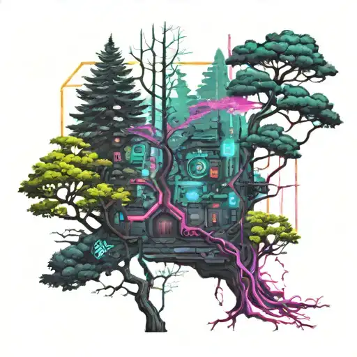 A Cyberpunk Forest Scene With Vibrant Neon Colors And Hidden Computer Codes In The Trees