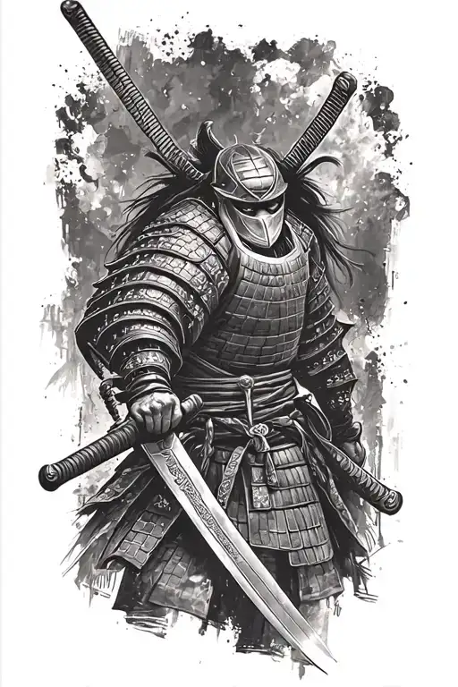 Samurai With Katana In Mask Black And White Tattoo Sketch Simple