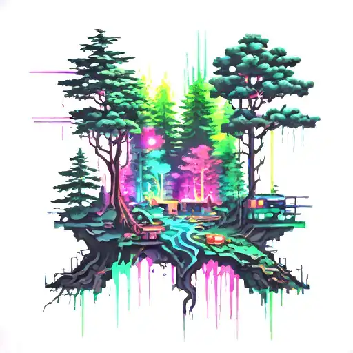 A Cyberpunk Forest Scene With Vibrant Neon Colors And Hidden Computer Codes In The Trees