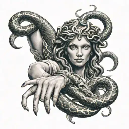 Forearm Sleeve Of Medusa With Her Hand Holding Snakes Wrapped