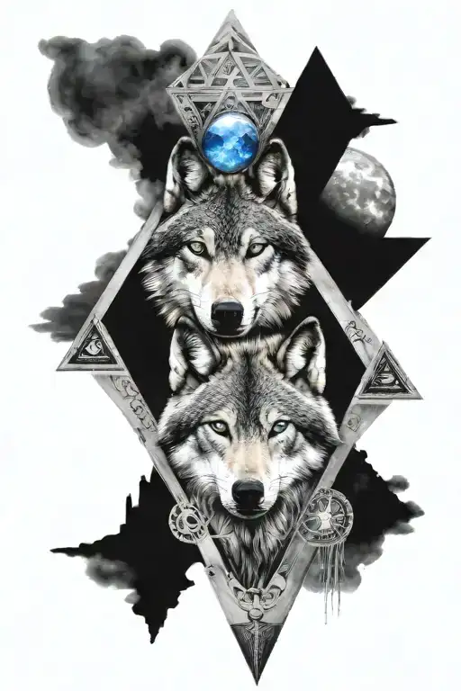Wolf Face With Blue Eyes Surrounded By Egypt Moon And Pyramids