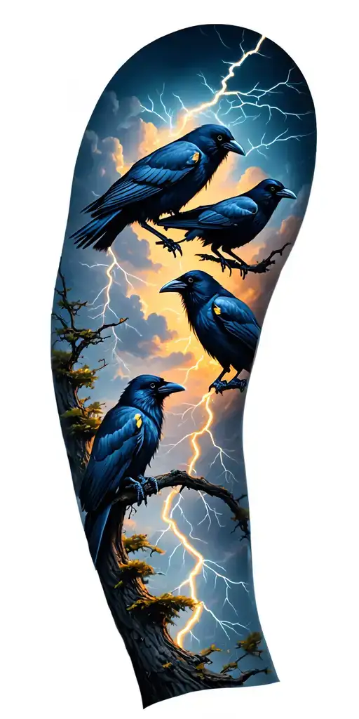 4 Crows With Trees And Cloudy Lightning Storm