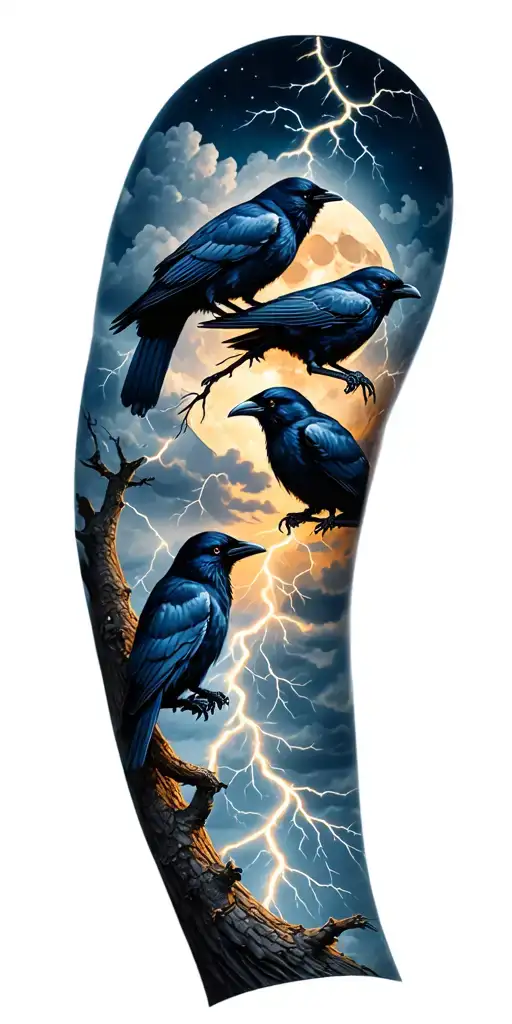 4 Crows With Moon And Cloudy Lightning Storm