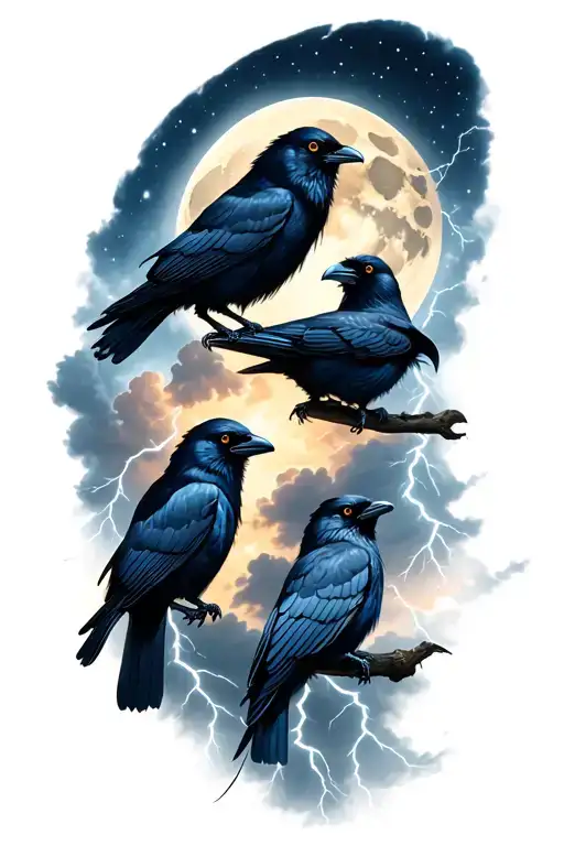 4 Crows With Moon And Cloudy Lightning Storm