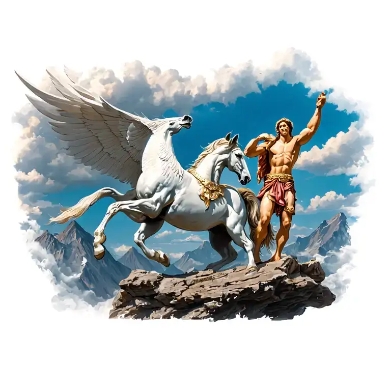 Hercules And Pegasus With Mount Olympus In The Back