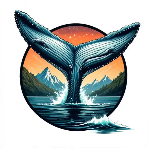Whale Tail Coming Out The Water With Mountain And Stars In The Background In A Circle
