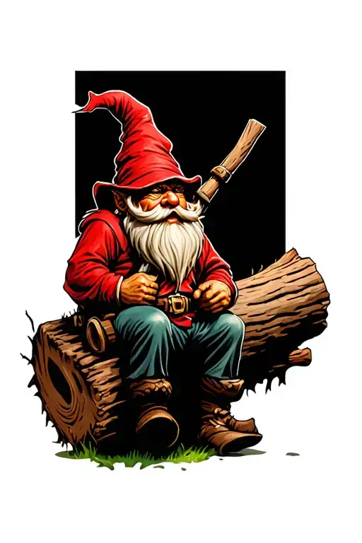 Evil Redcap Gnome Beserker Sitting On Rotten Log
