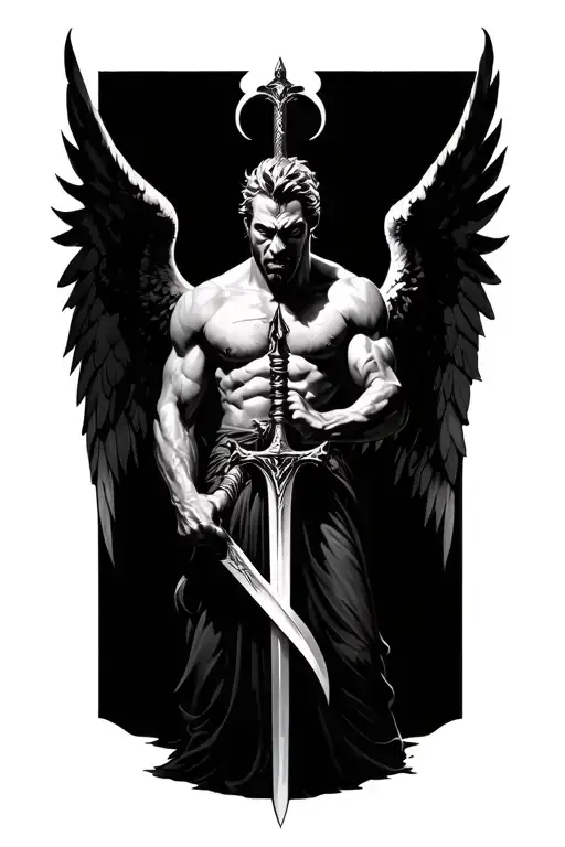 Male Angel Holding A Sword Black And White And Lloking Angry