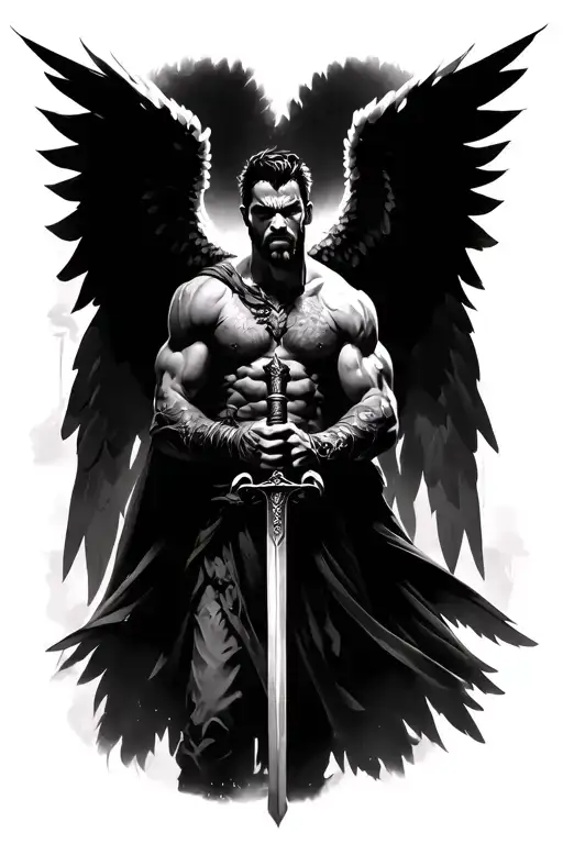 Handsome Male Angel Holding A Sword Black And White And Lloking Angry