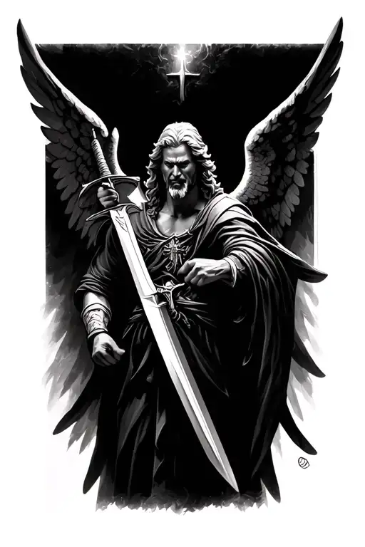 St Michael Male Angel Holding A Sword Black And White And Looking Angry