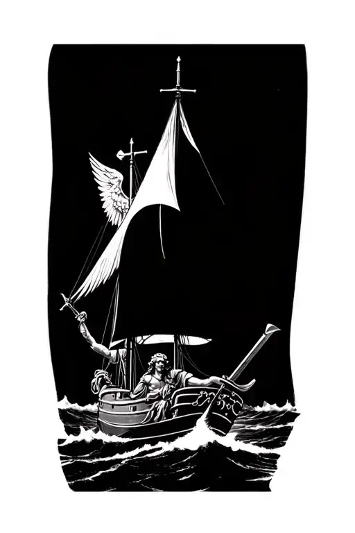 St Michael With Sword On A Sailboat Black And White