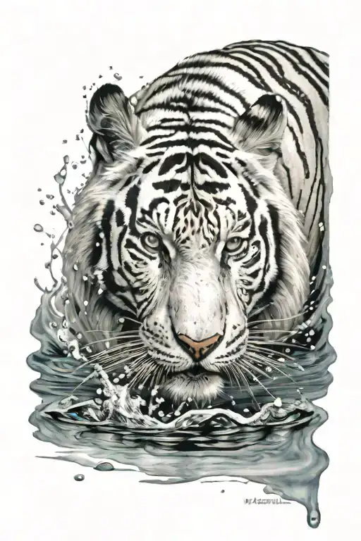 White Tiger Stepping Foward Through Water Darken Everything Add More