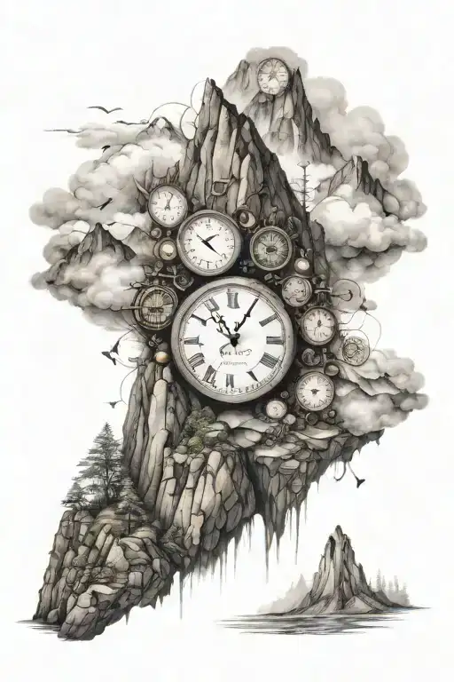 Mountain Peaks Surrounded By Fog With 15 Very Small Clocks Hidden In The Rock Face