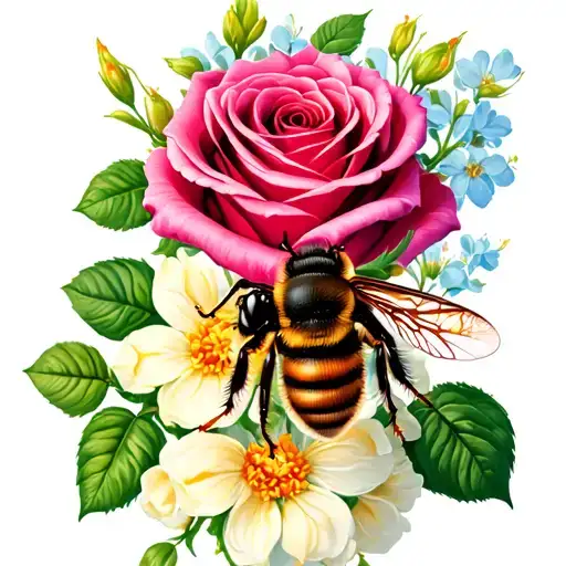 Bee And Rose And Honeysuckle Flowers
