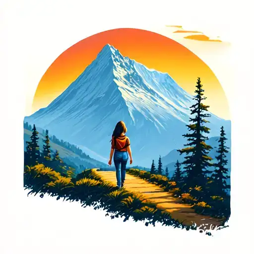 A Girl Walking On A Path That Leads To A High Mountain