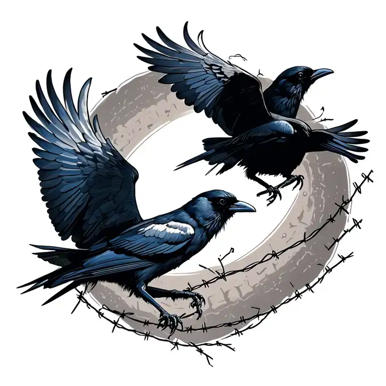 Two Crows Flying Parallel With Barbwire Coming Free Of The Talons And Tattered Wings