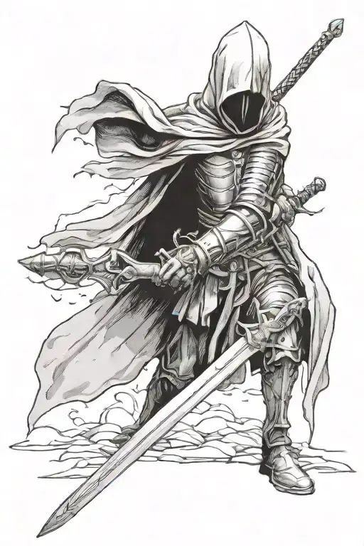 Old Hooded Man Knight Holding A Sword Looking A Little Decayd By Missing Some Of His Body