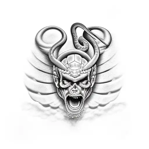 An Muscular Angel Cutting A Snake Head