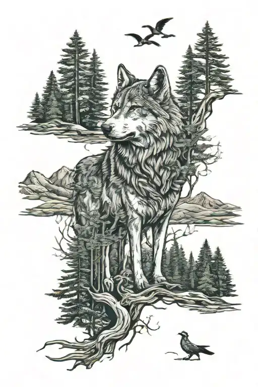 Wolf In Howling Forest Scene