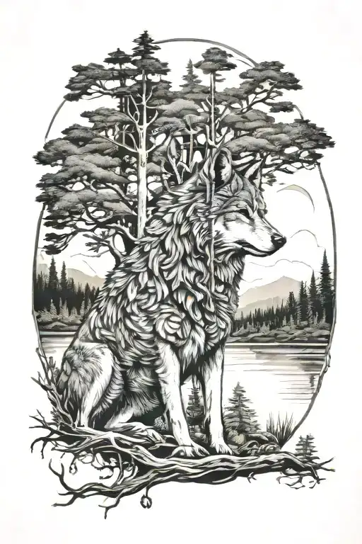 Wolf In Howling Forest Scene