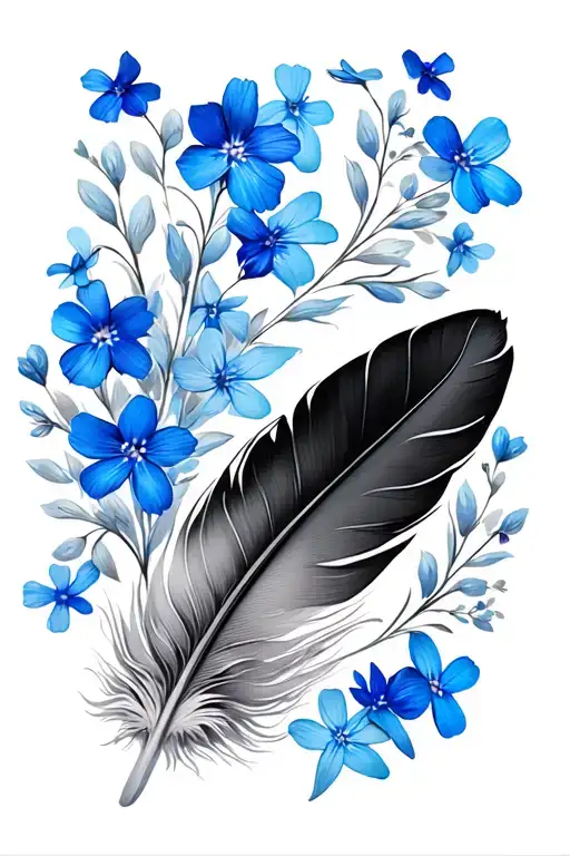 Black And White Feather With Blue Forget Me Nots Surrounding
