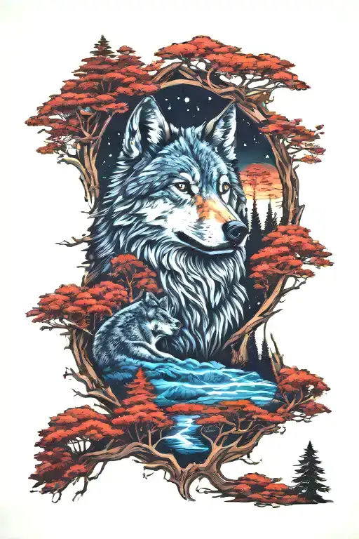 Wolf In Howling Forest Scene