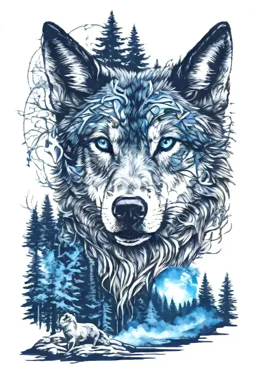 Wolf In Blue Eyes Howling Forest Scene