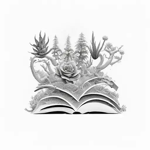 Stack Of Books With An Open Book On Top With Plants Growing Out And Around It