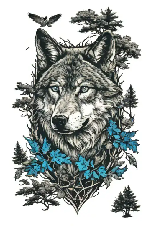 Wolf In Blue Eyes Howling Forest Scene