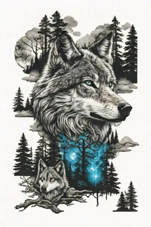 Wolf In Blue Eyes Howling Forest Scene