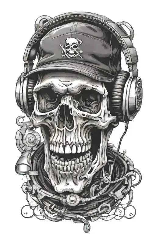 Skull With La Cap And Headphones Listening To Music
