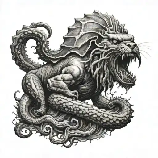 A Dog Standing Guard Against A Kraken Emerging From The Depths