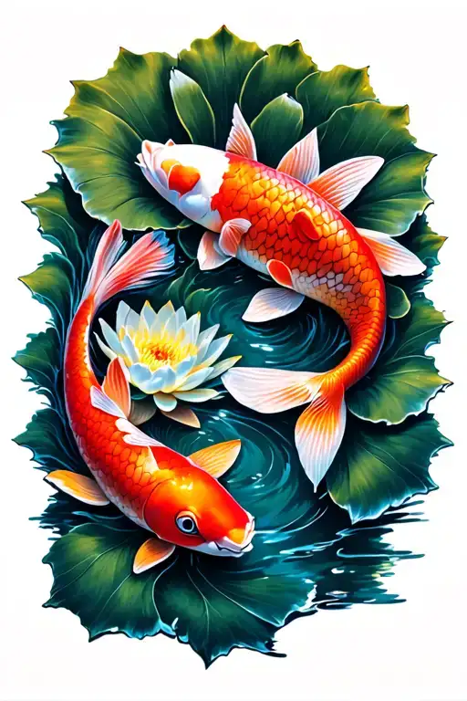 Koi Fish Swimming Under A Blooming Lotus Flower