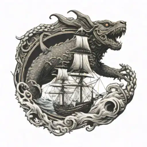 A Dog Bravely Defending A Ship From A Kraken Attack