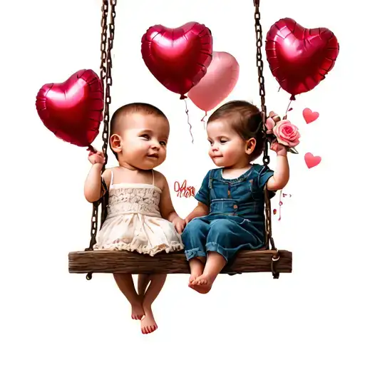 Baby Boy And Baby Girl On Swing With Love Heart Ballons