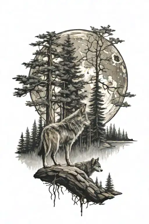A Tranquil Forest Scene With A Lone Wolf Howling At The Moon